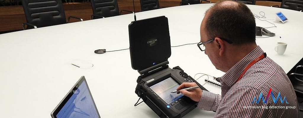 A Thumb-Sized Bug in the Boardroom 4 A boardroom sweep in progress with an OSCOR Green spectrum analyser